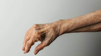 Close-up of an elderly person's arm and hand with visible wrinkles, veins, and age spots. The image focuses on the texture and details of aging skin
