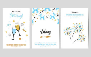 Naklejka premium Happy Birthday cards set in blue and golden colors. Celebration vector posters with champagne glasses and fireworks