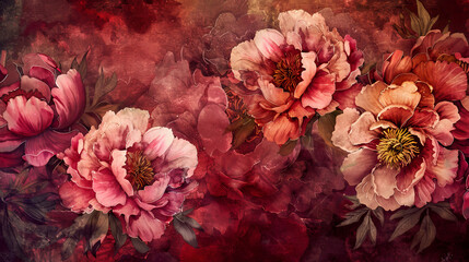 Watercolor vintage peony patterns using layering (glazing), rich and deep colors, elegant texture, textured paper background