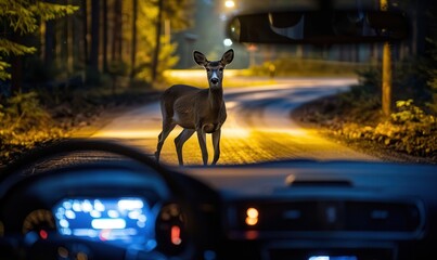 Deer crossing the road at night, view from inside a car.