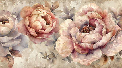 Watercolor vintage peony patterns using layering (glazing), rich and deep hues, textured paper background