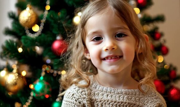 Portrait of a little girl with long blond curly hair in a knitted sweater on the background of a Christmas tree.