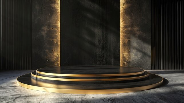 Elegant Scene with a Glowing Black and Gold Podium