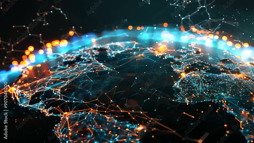 Poster a dynamic visualization of data streams connecting continents in a global network.