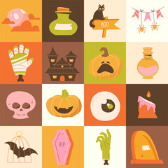 happy halloween geometric pattern. Holiday background with skulls, pumpkins, mystical elements in losky style