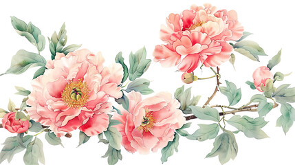 Watercolor vintage peony patterns with soft blending, airy and gentle, white background