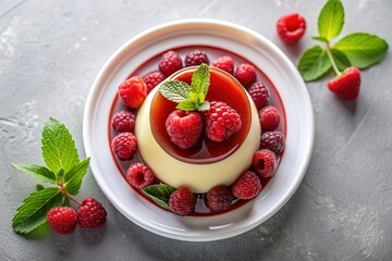 Delicious panna cotta with fruit coulis and fresh berries on light grey table, top view. Space for text