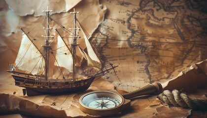 Compass, rope and ship on old map. Travel concept.