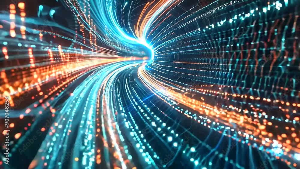 Poster high-speed data particles racing through a tunnel, representing fast internet connectivity.