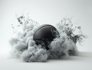 Black basketball surrounded by dynamic white smoke on a minimalist background