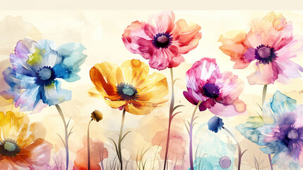 Watercolor whimsical anemones with negative space, vibrant flowers standing out against a soft background, light beige