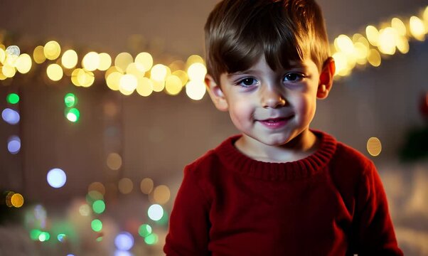 Portrait of a boy in a red sweater on the background of Christmas lights.