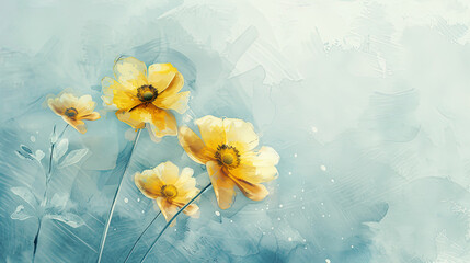 Watercolor whimsical buttercups with feathering, soft and delicate edges, airy feel, light background