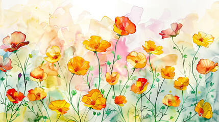 Watercolor whimsical buttercups with ink and wash combination, detailed and vibrant, light background