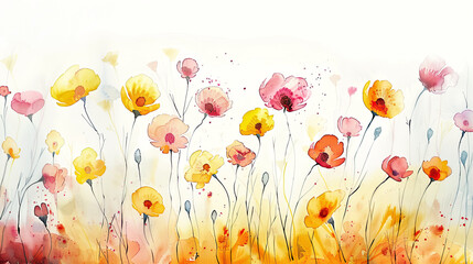Watercolor whimsical buttercups with ink and wash combination, detailed and vibrant, light background