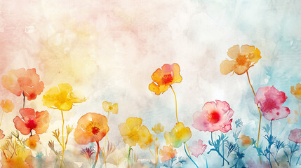 Watercolor whimsical buttercups with ink and wash combination, intricate and colorful, light background