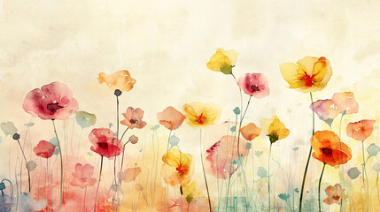 Watercolor whimsical buttercups with negative space, vibrant flowers standing out against a soft background, light beige