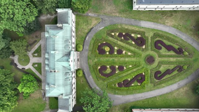 Aerial drone view of the Palace with a beautiful garden. Mieroszewski Palace. Zagłębie Museum in Bedzin Poland. Baroque-classicist palace.