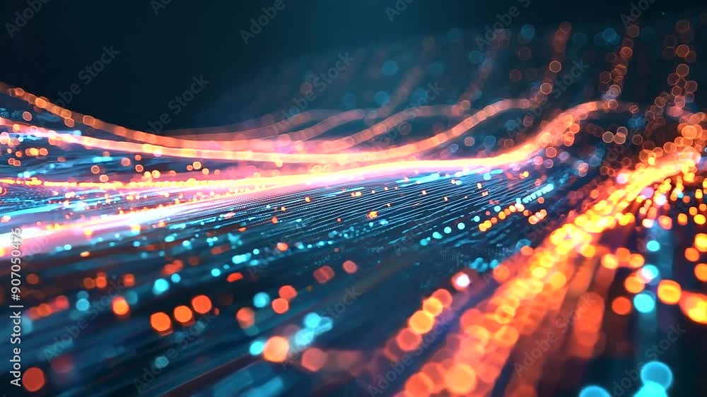 Poster dynamic streams of luminous digital data flowing rapidly.
