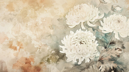 Watercolor White chrysanthemums using layering (glazing), rich and deep colors, elegant and serene, textured paper background