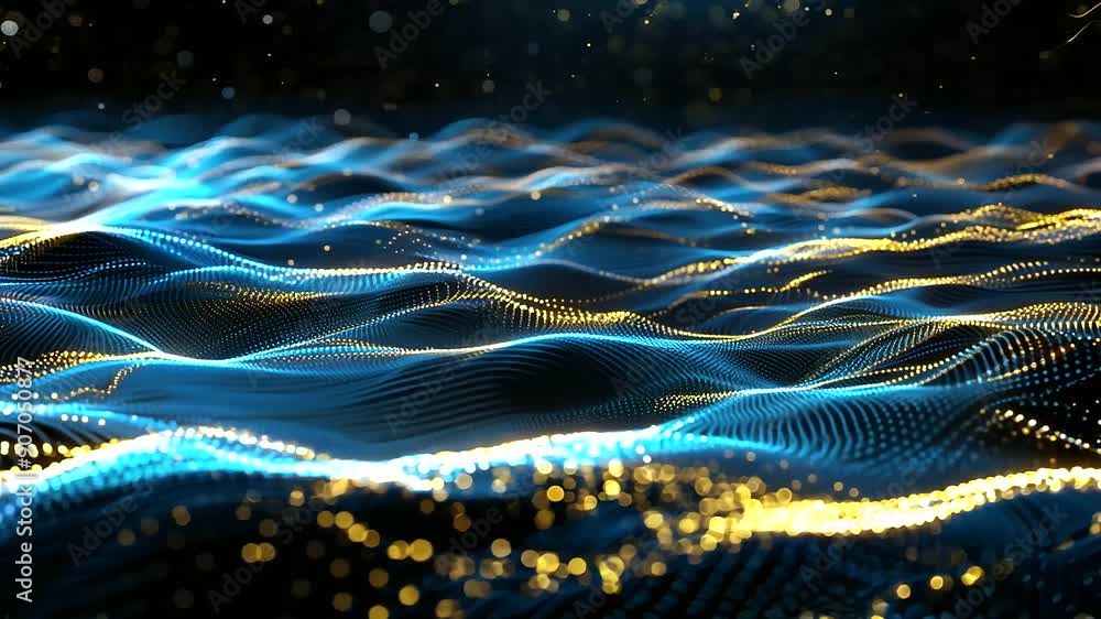 Poster dynamic digital waves cascade across a futuristic 3d terrain.