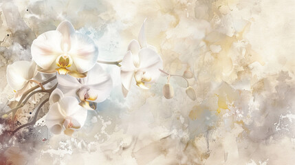 Watercolor White orchids with feathered watercolor edges, rich and romantic, deep tones, light background