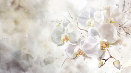 Watercolor White orchids with feathered watercolor edges, romantic and soft, elegant transitions, light background