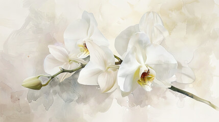 Watercolor White orchids with feathered watercolor edges, rich and romantic, deep tones, light background