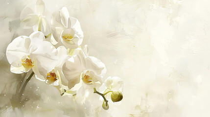 Watercolor White orchids with feathered watercolor edges, romantic and soft, elegant transitions, light background