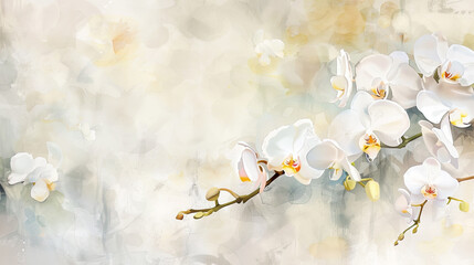 Watercolor White orchids with feathered watercolor edges, romantic and soft, elegant transitions, light background