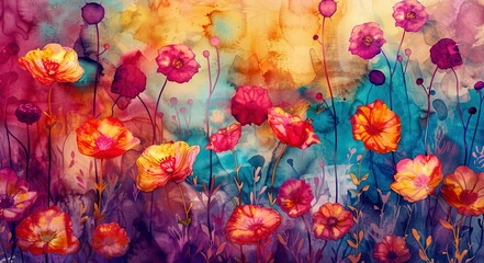 Wildflower colorful watercolor painting, glazing, dynamic layers, textured paper background