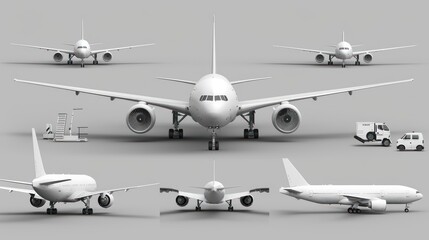 3D Set of White Realistic Airplane Isolated. Render Collection of Passenger or Commercial Jet Icon. Time for Travel Concept. Traveling Booking Agency, Airlines. Holiday Vacation ai generated