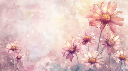 Watercolor whimsical daisies with gradient washes, seamless transitions, dreamy and soft, light background