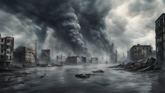 A city is destroyed by a nuclear bomb, with smoke and ash filling the sky