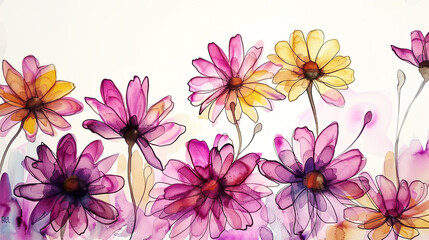 Watercolor whimsical daisies with ink and wash combination, intricate and colorful, light background
