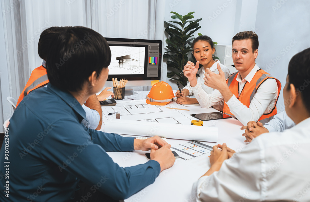 Poster diverse group of civil engineer and client working together on architectural project, reviewing cons
