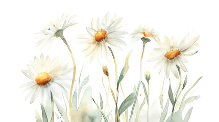 Watercolor whimsical daisies with soft blending, smooth and gentle, white background