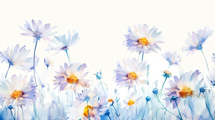 Watercolor whimsical daisies with soft blending, subtle transitions, light and airy, white background