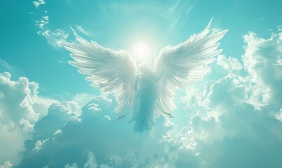 Angel spirit across a bright blue sky with clouds, Generative AI