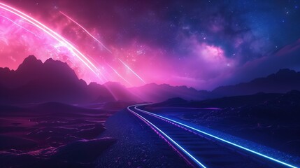 Glowing neon light path on railway in mountain valley at night