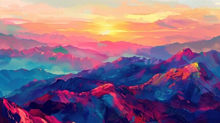 Vibrant Abstract Art Landscape with Colorful Mountains