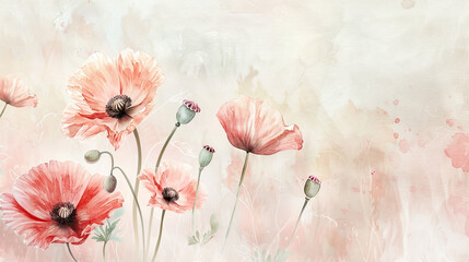 Watercolor whimsical poppies with feathering, delicate edges and smooth lines, airy feel, light background