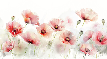 Watercolor whimsical poppies with feathering, smooth edges, elegant and airy, light background
