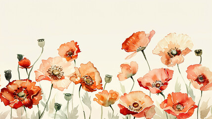 Watercolor whimsical poppies with negative space, vibrant and bold flowers, light beige background
