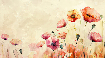Watercolor whimsical poppies with negative space, vibrant flowers standing out against a soft background, light beige