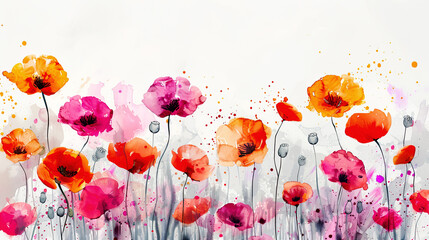 Watercolor whimsical poppies with splattering, energetic and dynamic, bright and lively, light gray background