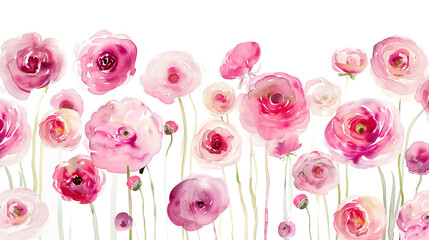 Watercolor whimsical ranunculus with feathering, smooth edges, elegant and airy, light background