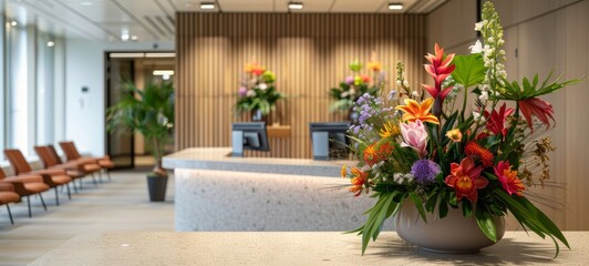 Corporate Office Reception with Floral Arrangement. A beautifully decorated office reception with a vibrant flower arrangement, creating a welcoming atmosphere.