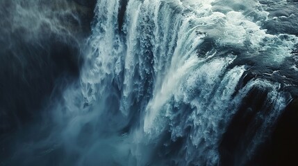 Iceland waterfall Skogafoss in Icelandic nature landscape. Famous tourist attractions and landmarks destination in Icelandic nature landscape on South Iceland. Aerial drone view of top waterfall.
