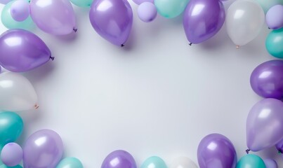 balloon banner green purple border frame on white background. copy space concept of spring sale grand opening, Easter ad, birthday poster, Generative AI